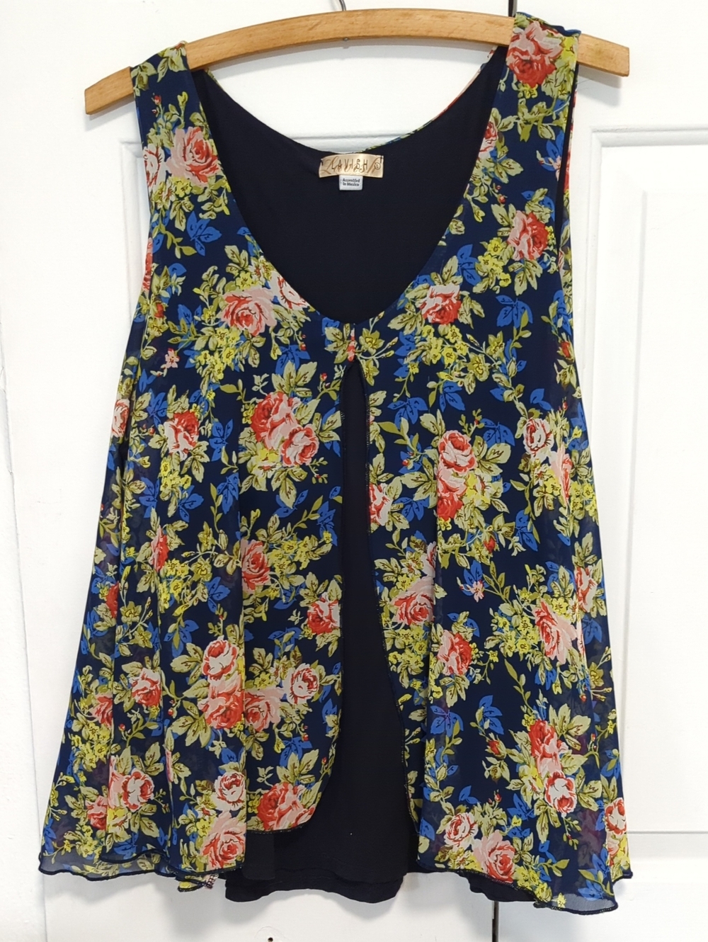 Lavish Navy Tank w/Floral SheerOverlay.with Pink Roses Large